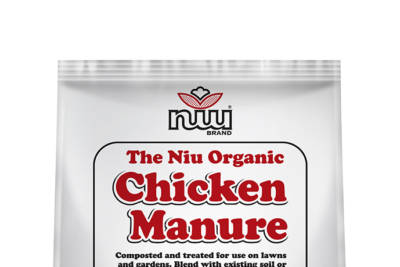 White bag with red lettering of Niu Chicken Manure