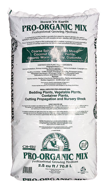 Large white bag of Down To Earth Pro-Organic Mix with dark green text.
