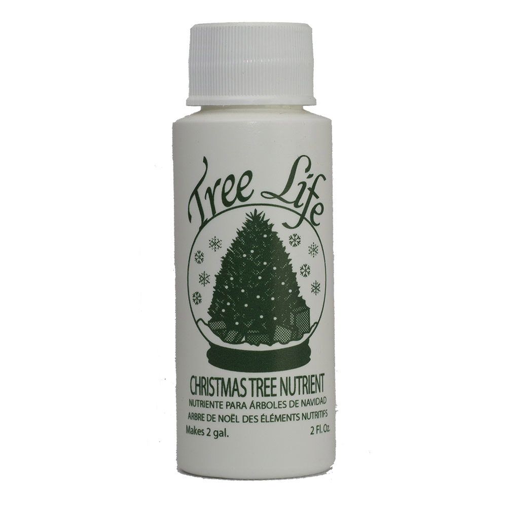 White, 2-oz bottle of Tree of Life Christmas Tree Nutrient with dark green text and image of Christmas tree