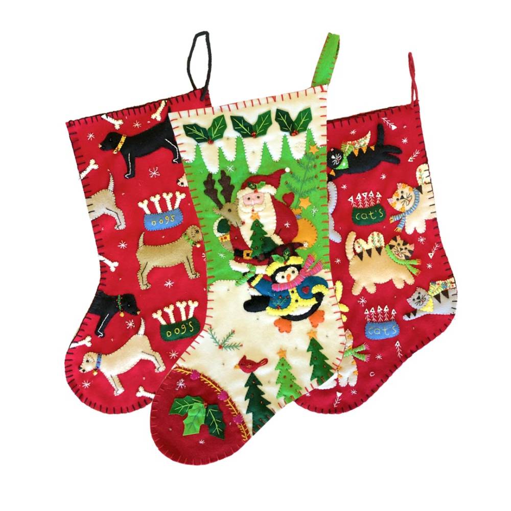 Three handsewn Christmas stockings