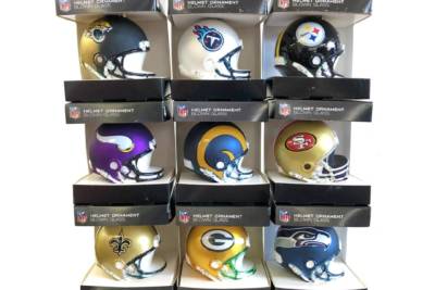 9 individually wrapped NFL Helmet Christmas ornaments