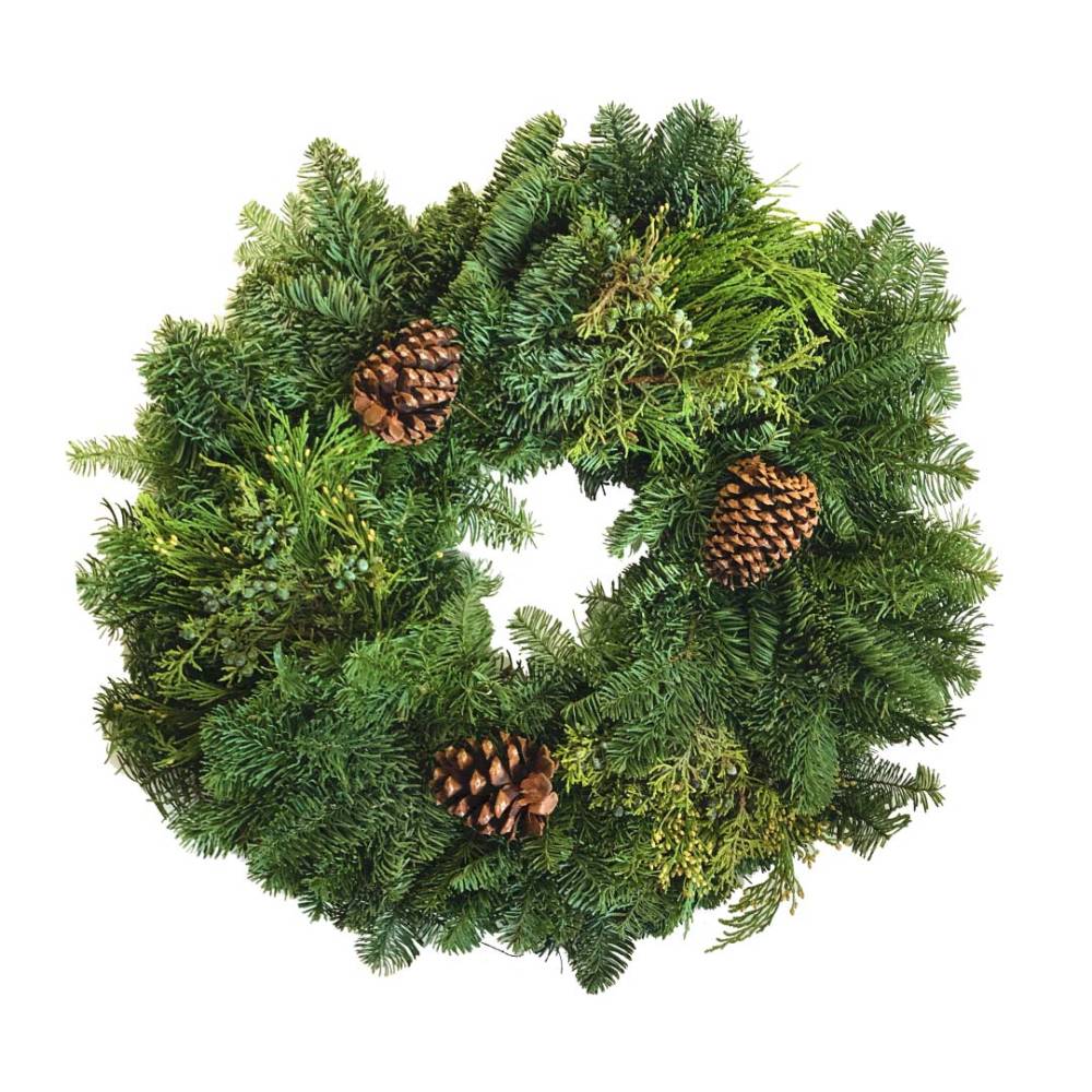 Noble Fir Mixed Wreath decorated with three brown pine cones