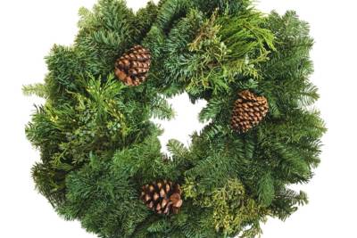 Noble Fir Mixed Wreath decorated with three brown pine cones