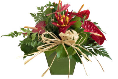 A variety of tropical, red and yellow flowers and green foliage. in a green container, with a big straw blow in the leaves