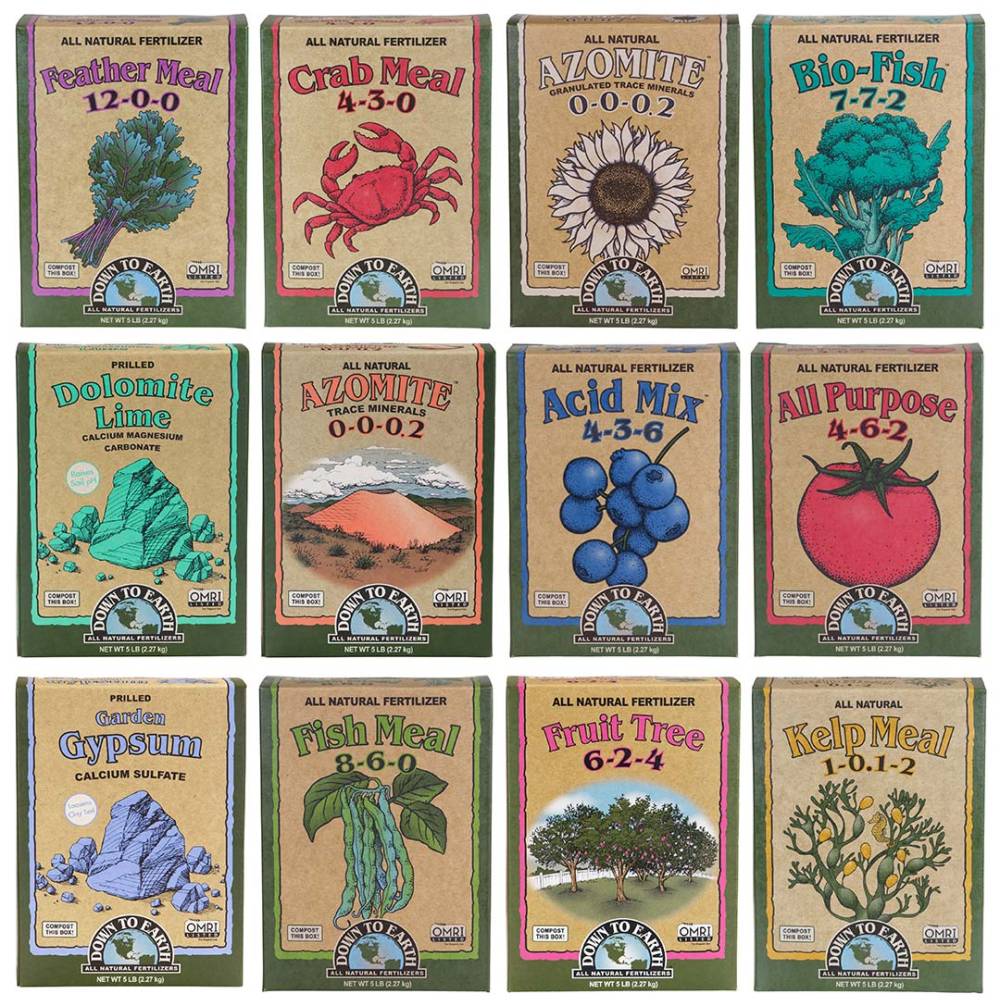 Three rows of the covers of Down To Earth all-natural soil amendment products